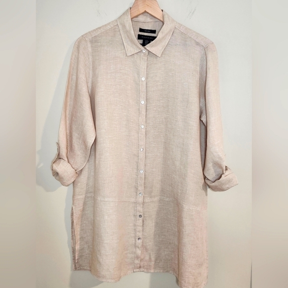 Tahari Women's 100% Linen Tunic Top Size M Khaki Roll Tab Minimalist Scandi Chic - Picture 1 of 9